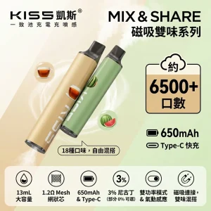 KIS5 凱斯 MIX & SHARE 磁吸雙味系列 一次性電子煙 6500口 13mL 雙功率切換 Type-C充電【18種口味】